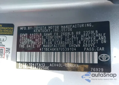 2007 Toyota Camry Xle z USA, uszkodzony, nr VIN 4T1BE46K87U539104